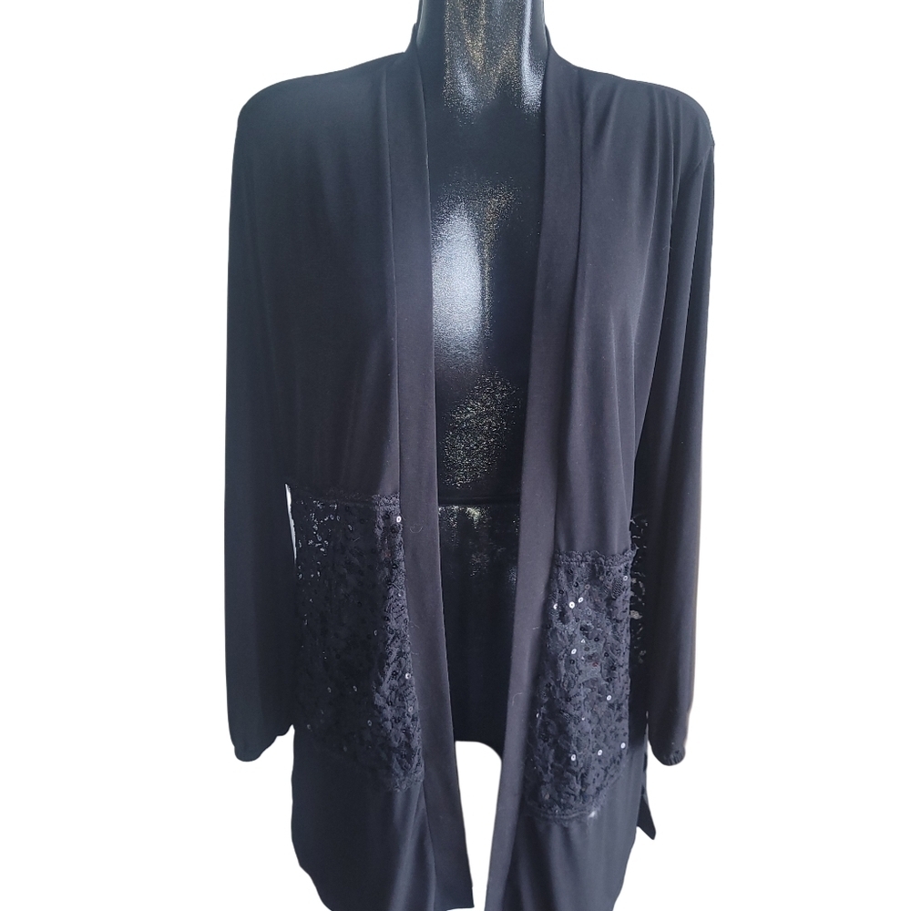 Dodici Lune Black Open Cardigan with Lace and Sequins Detailing Size XXL